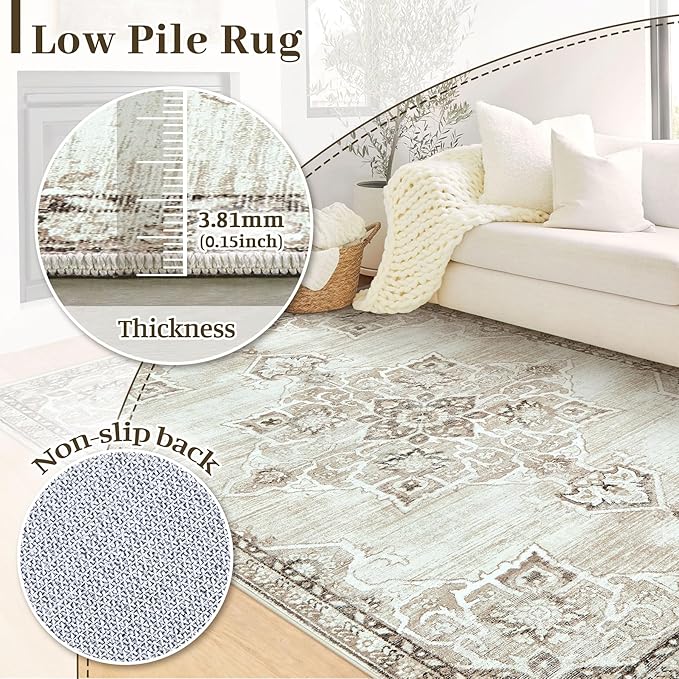2x3 Rug Entryway Rugs: Washable Boho Vintage Small Rug Indoor Medallion Soft Non Slip Ultra Thin Non-Shedding Front Door Mat for Kitchen Bedroom (Beige, 2' x 3')