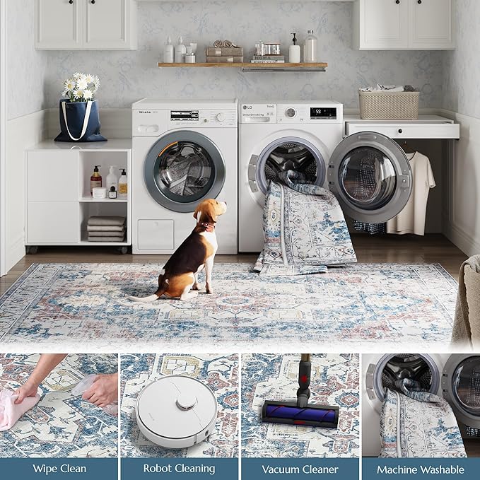 jinchan Runner Rug 2x10 Hallway Rug Kitchen Washable Runner Vintage Mat Retro Lightweight Non-Slip Floor Cover Distressed Thin Carpet for Entryway Bathroom Bedroom Laundry Room Stairway Navy Blue