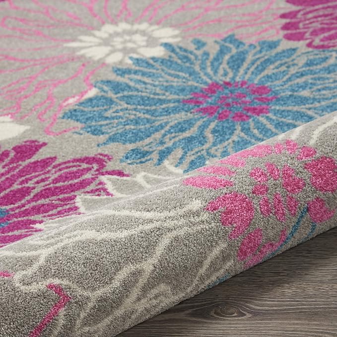 Nourison Passion Grey 4' x Round Area Rug, Floral, Farmhouse, Easy Cleaning, Non Shedding, Bed Room, Living Room, Dining Room, Kitchen, (4' Round)
