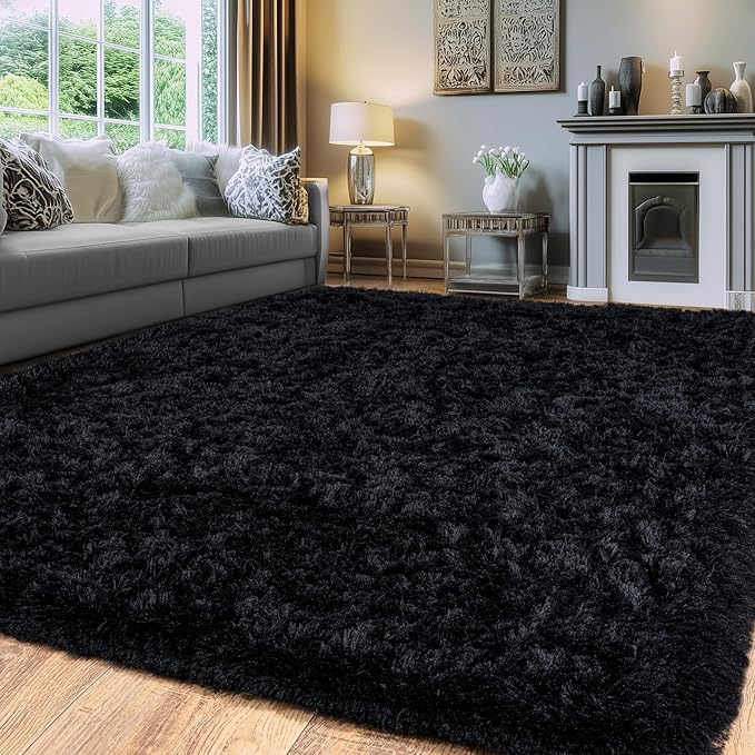 Black Fluffy Rug for Bedroom 8x10 ft Large Rug - Ultra Soft & Non Slip Shaggy Area Rug, Comfy Durable Carpet for Living Room Kids Room Teens Dorm Home Decor, 1.7'' Thick Indoor Plush Carpets