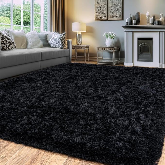 Black Fluffy Rug for Bedroom 8x10 ft Large Rug - Ultra Soft & Non Slip Shaggy Area Rug, Comfy Durable Carpet for Living Room Kids Room Teens Dorm Home Decor, 1.7'' Thick Indoor Plush Carpets