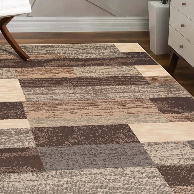 SUPERIOR Indoor Area Rug, Jute Backed, Modern Geometric Patchwork Floor Decor for Bedroom, Office, Living Room, Entryway, Hardwood Floors, Rockwood Collection, 8' x 10', Slate