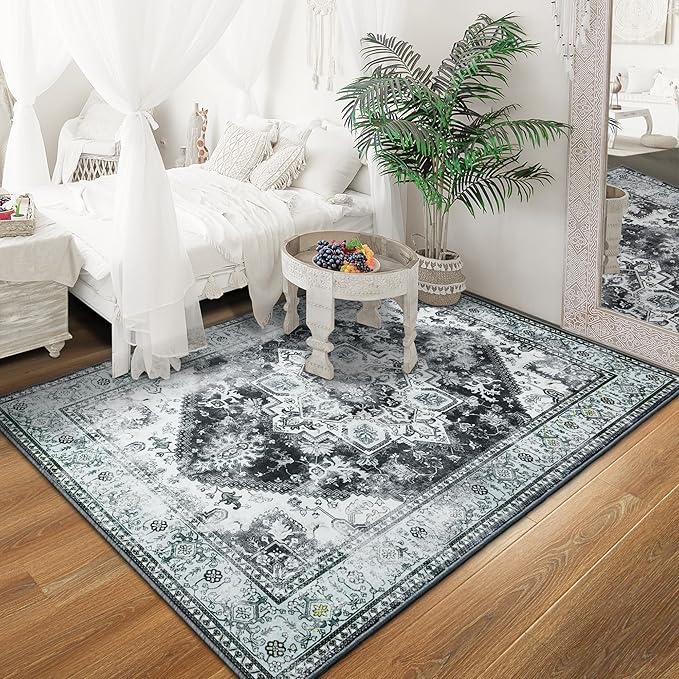 YJ.GWL Large Area Rug for Living Room, 5x7 Machine Washable Boho Rug for Bedroom, Low Pile Lightweight Thin Rugs Floral Vintage Distress Print Pattern Carpet for Dining Room, Blue/Grey