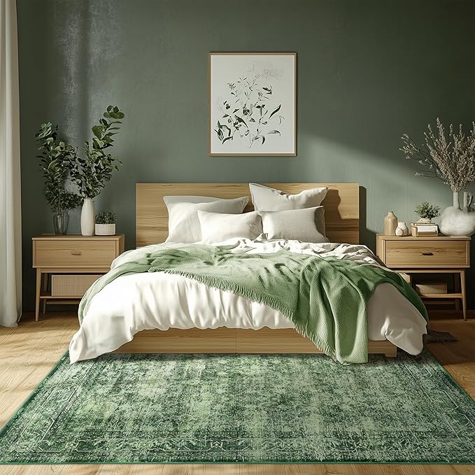 5x7 ft Washable Area Rug - Non-Slip Soft Boho Indoor/Outdoor Rug for Living Room, Bedroom, Office, Kitchen, Patio, Entryway & Kids Room - Green, Stylish & Comfortable