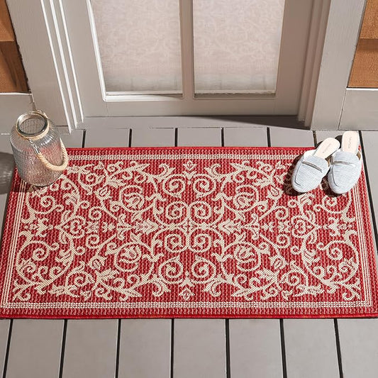SAFAVIEH Courtyard Collection Accent Rug - 2' x 3'7", Red & Natural, Scroll Design, Non-Shedding & Easy Care, Indoor/Outdoor & Washable-Ideal for Patio, Backyard, Mudroom (CY2098-3707)