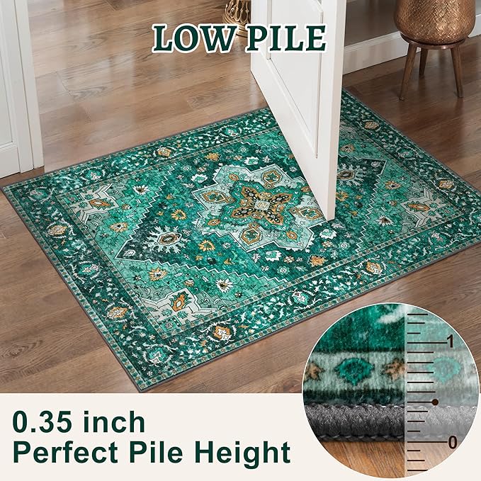 2.6x8 Washable Runner Rug for Hallways, Non Slip Vintage, Soft Low Pile Long Rug Runner, Print Distressed Emerald Carpet Runners for Kitchen Bedroom Entryway Bathroom Living Room