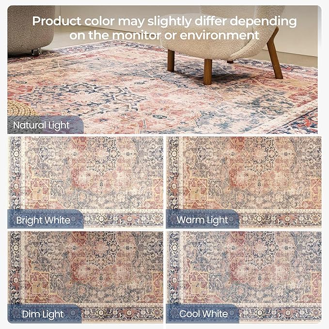Kokia 6x9 Area Rugs for Living Room, Machine Washable Non Slip Vintage Boho Rugs, Low Pile Distressed Medallion Print Rug for Bedroom, Dining Room Brick Red 6 x 9