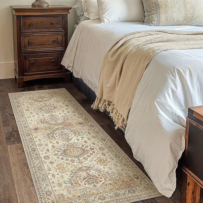 2x5 Runner Rug Non Slip, Machine Washable Rug Runners for Hallways, Vintage Distressed Print Kitchen Runner, Low Pile Lightweight Carpet Runner for Entryway, Laundry, Bedroom, Bathroom Light Brown