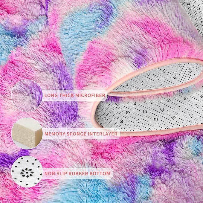 Tepook Soft Rainbow Rug for Girls Room 6x9 Feet, Cute Fluffy Girls Bedroom Area Rug, Shaggy Princess Rug Colorful Carpet for Kids Teens Toddler Playroom Nursery Reading Nook, Hot Pink