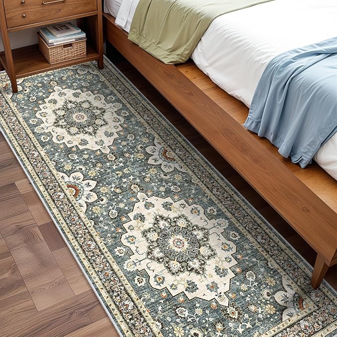Washable Oriental Hallway Runner Rug - 3x8 Rugs for Living Room Soft Carpet for Bedroom Kitchen Waterproof Floral Distressed Indoor Stain Resistant Non-Shedding Floor Carpets (Blue, 3X8)