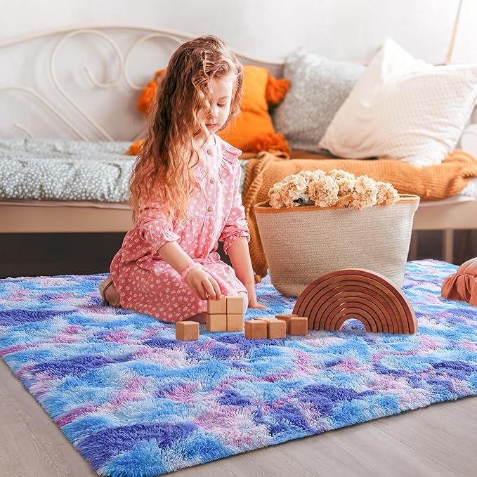 Tepook Soft Rainbow Rug for Girls Room, Cute Fluffy Bedroom Rug, 5x8 Feet Shaggy Princess Colorful Carpet for Kids Teens Toddler Playroom Nursery Reading Nook, Blue