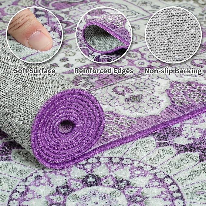 Foxmas Hallway Runner Rug, 2x6 Vintage Kitchen Runner Area Rugs Non Skid Washable, Low Pile Throw Rugs with Rubber Backing Carpet for Laundry Room Entryway Bedroom Home Decor, Purple