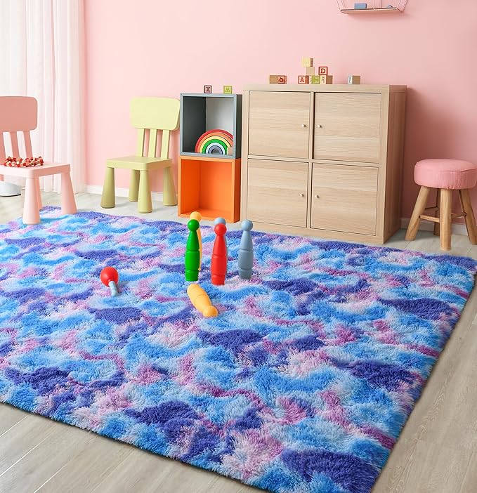 Tepook Soft Rainbow Rug for Girls Room, Cute Fluffy Bedroom Rug, 5x8 Feet Shaggy Princess Colorful Carpet for Kids Teens Toddler Playroom Nursery Reading Nook, Blue