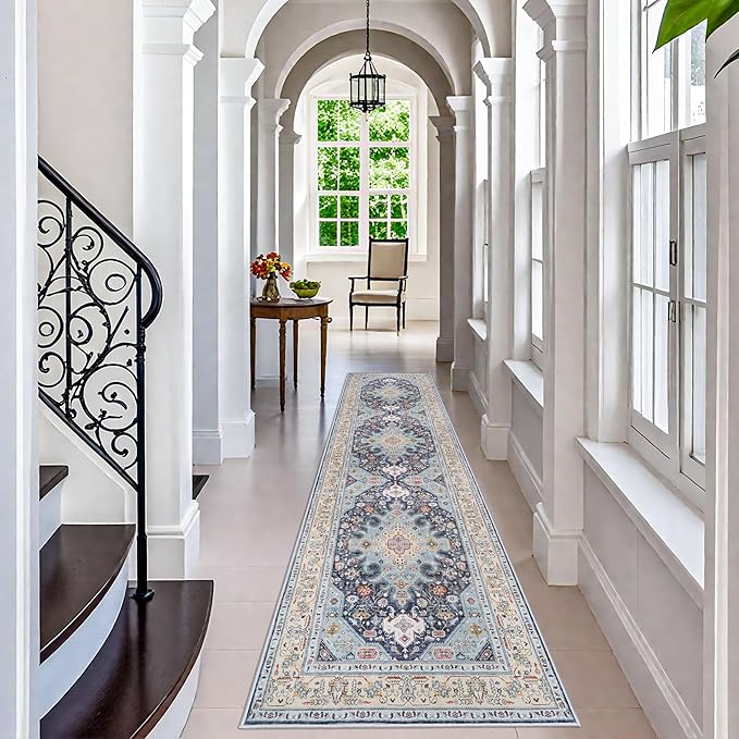 3x12 Washable Oriental Runner Rug - Non Slip Rubber Backing Low Pile Stain Resistant Carpet for Hallway Entryway Kitchen - Neutral Farmhouse Waterproof Mat - 3x12 Blue/Beige Multi