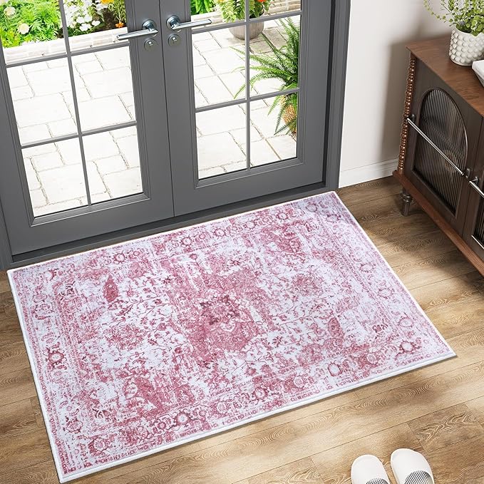 Keeko Small Rugs for Entryway, 2x3 Living Room Area Rug Vintage Door Mat Accent Bedroom Bedside Rug Indoor Retro Non Slip Front Door Print Throw Rugs for Kitchen Laundry Room Decor Reddish Pink