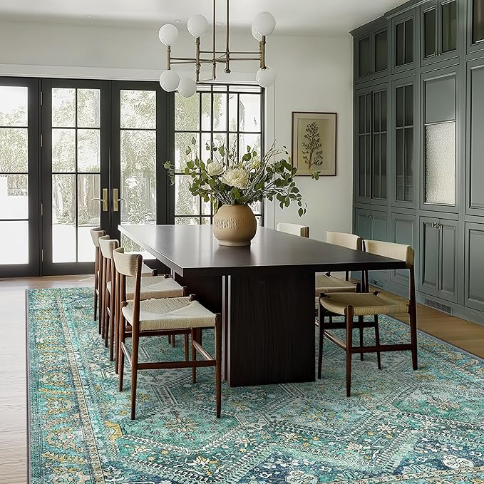 Bavni 6x9 Area Rugs for Living Room, Machine Washable Rug Non Slip, Vintage Chenille Distressed Print Carpet, Large Low Pile Ultra-Thin Lightweight Rugs for Bedroom, Dining Room, Home, Office, Cyan