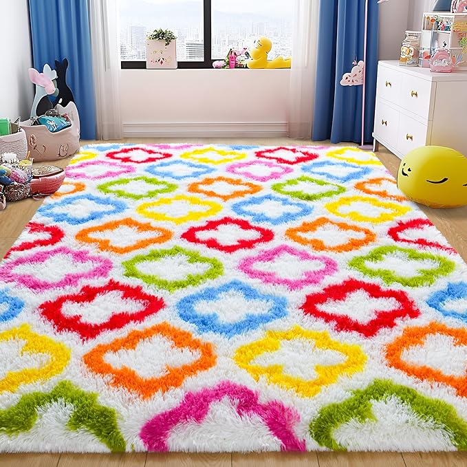 Tepook Fluffy Colorful Rug for Kids, Shaggy Soft Rainbow Area Rugs for Girls Bedroom, Indoor Modern Geometric Moroccan Rugs Plush Girls Kids Rug for Playroom Teens Room Nursery Home Decor, 4 X 6 ft