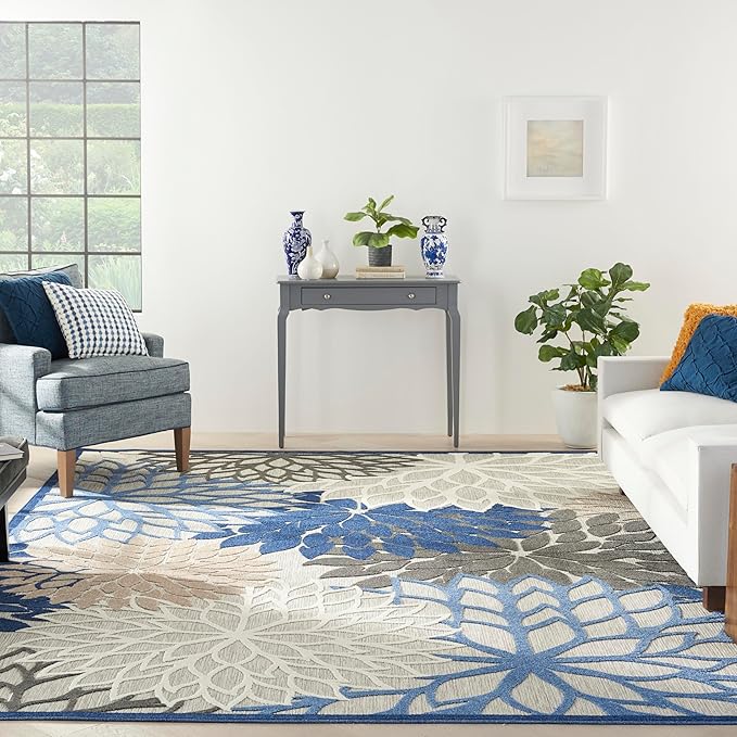 Nourison Aloha Indoor/Outdoor Blue/Multicolor 9' x 12' Area Rug, Tropical, Botanical, Easy Cleaning, Non Shedding, Bed Room, Living Room, Dining Room, Deck, Backyard, Patio (9x12)