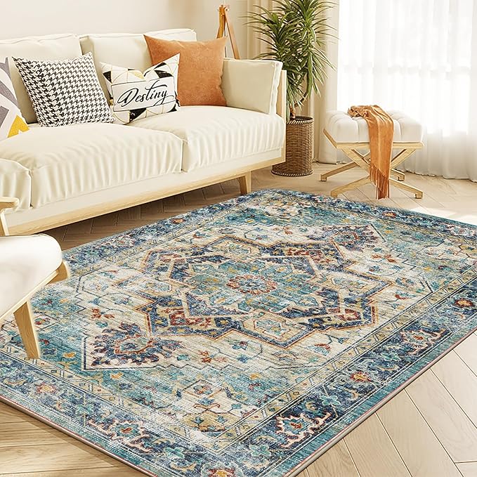 Yancorp 3'x5' Boho Area Rug for Bedroom Non Slip Washable Rug Vintage Carpet Living Room Indoor Door Mat Bedroom Kitchen Entryway Rug for Entrance Lake Blue