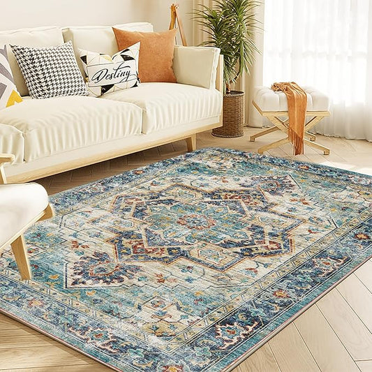 Yancorp 3'x5' Boho Area Rug for Bedroom Non Slip Washable Rug Vintage Carpet Living Room Indoor Door Mat Bedroom Kitchen Entryway Rug for Entrance Lake Blue