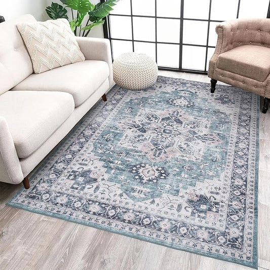 Washable Rug 4x6, Machine Washable Area Rugs with Non Slip Bottom, Vintage Rug for Living Room Bedroom, Traditional Print Floral Carpet Stain Resistant, Green Navy Boho Rug, 4 x 6 Carpet