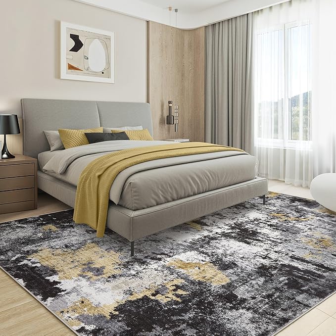 Washable Rug 8x10 Area Rugs for Living Room: Modern Abstract Neutral Soft Large Rug for Bedroom Dining Room Under Kitchen Table Home Office Decor - Black Gold