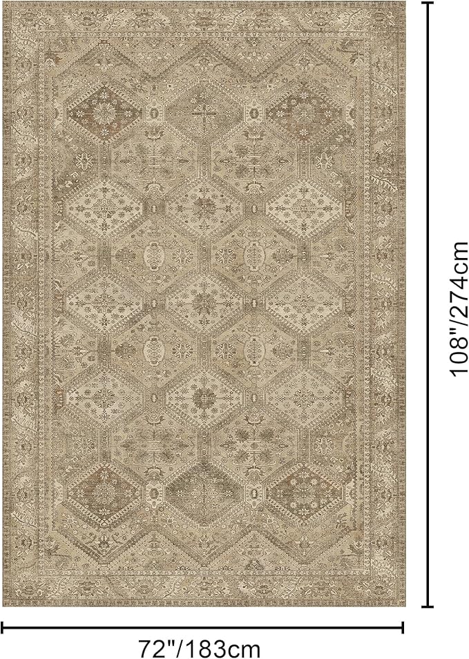 Bavni 6x9 Area Rugs for Living Room, Machine Washable Rug Non Slip, Vintage Chenille Distressed Print Carpet, Large Low Pile Ultra-Thin Lightweight Rugs for Bedroom, Dining Room, Office, Nut Brown