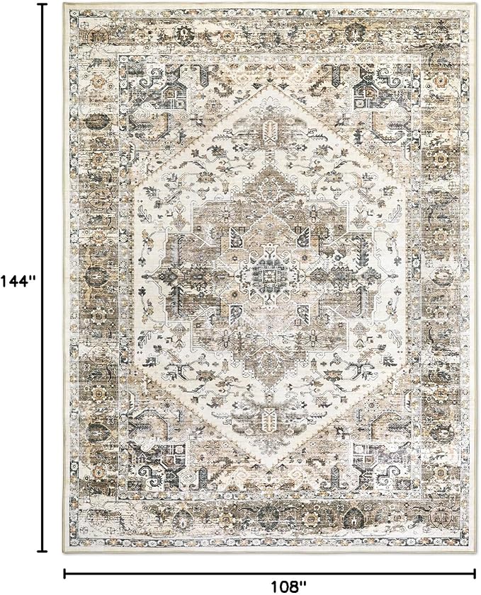 Area Rugs for Living Room 9x12 - Large Machine Washable Vintage Oriental Soft Rug, Low Pile Thin Carpet with Non Slip Backing for Bedroom, Dorm, Under Dining Room Table, Indoor House, Office Decor