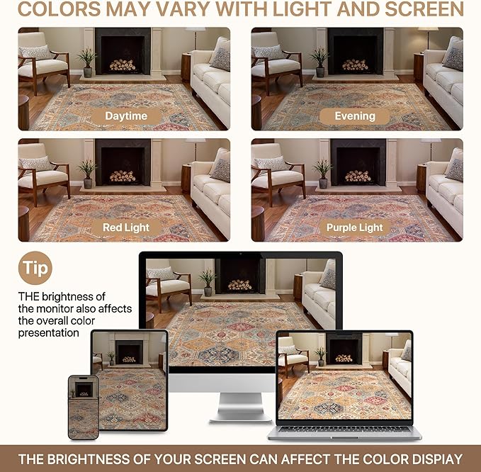 Bavni 8x10 Area Rugs for Living Room, Machine Washable Rug Non Slip, Vintage Chenille Distressed Print Carpet, Large Low Pile Ultra-Thin Lightweight Rugs for Bedroom, Dining Room, Home, Office, Orange
