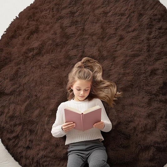 OLANLY Coffee Round Rugs for Bedroom - Machine Washable, 6x6 Feet Circle Area Rugs for Living Room, Soft and Fluffy Shaggy Carpet for Teen Girls and Boys, Dorms, Nursery Rooms, Home Decor Aesthetic