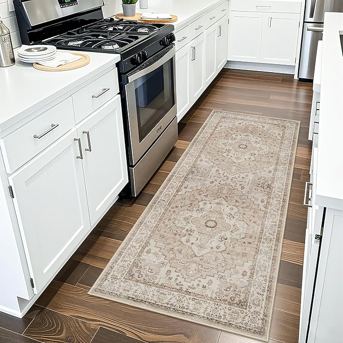 Washable Hallway Runner Rug 3x6 - Soft Kitchen Rugs Vintage Water Resistant Entryway Rug Ultra Thin Farmhouse Living Room Bedroom Carpet Non Slip Indoor Floor Mat for Bathroom Laundry (3x6,Beige)