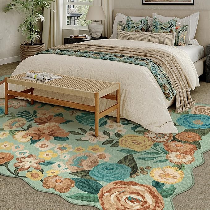 Washable Floral Area Rug 8x10 Green Living Room Large Carpet Bedroom Scalloped Flower Non Slip Soft Throw Rug Farmhouse Low Pile Thin Indoor Floor Cover for Dining Room Office