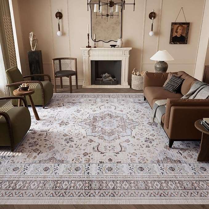 8x10 Rug, Washable Neutral Boho Modern Vintage Non Slip Floral Area Rugs, Low Pile Soft Rugs, Area Rugs, Slip Resistance Carpet, Pet-Friendly Carpet, Durable Rug for Living Room, Bedroom