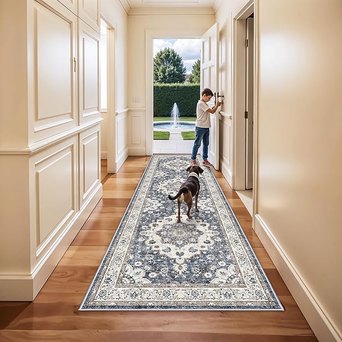 3x10 Washable Hallway Runner Rugs: Vintage Stain Resistant Rug for Kitchen Floral Living Room Bedroom Carpet with Non-Slip Backing Soft Low Pile Farmhouse Floor Mats for Entrance Laundry (3x10,Blue)