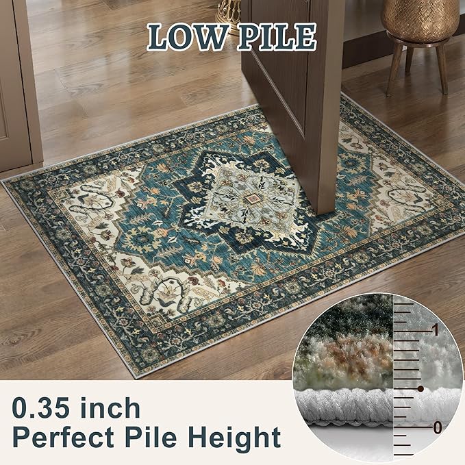 2x3 Washable Rug for Entryway, Vintage Non Slip Small Area Rug, Indoor Front Door Rug, Print Distressed Blue/Beige, Soft Low Pile Rugs for Entrance Kitchen Bedroom Bathroom