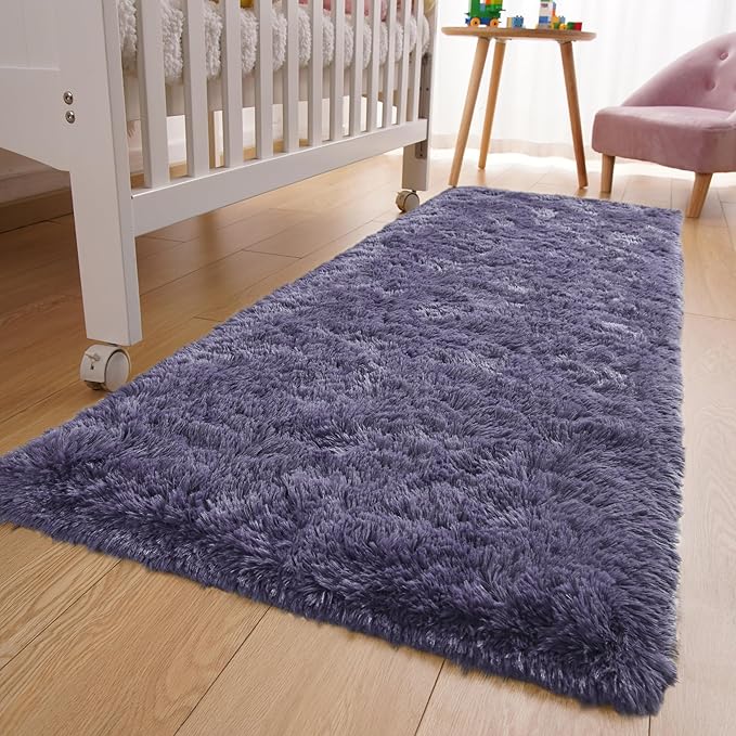 YJ.GWL Fluffy Runner Rugs for Bedroom Living Room Soft Shag Rug 2x6 Feet, Grey-Purple Plush Carpet Non Slip for Nursery Dorm, Fuzzy Bedside Rug for Kids Boys Room Home Decor