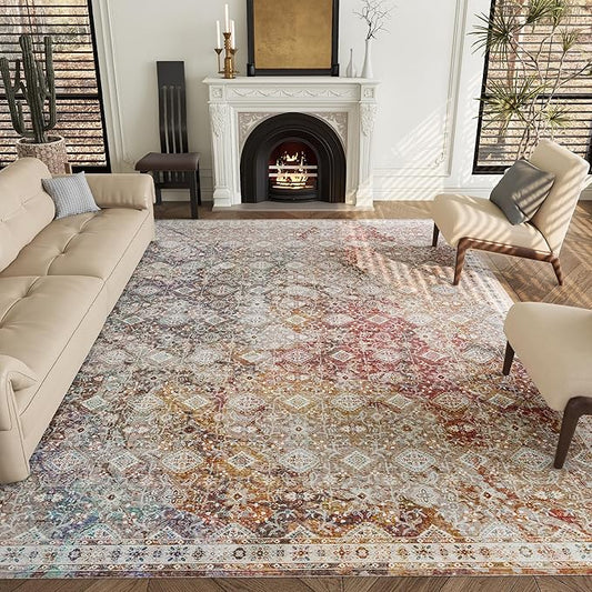 9x12 Rug, Washable Neutral Boho Modern Vintage Non Slip Floral Area Carpet, Low Pile Soft Rugs, Slip Resistance, Pet-Friendly, Durable Rug for Living Room, Bedroom, Kitchen, Dining Room