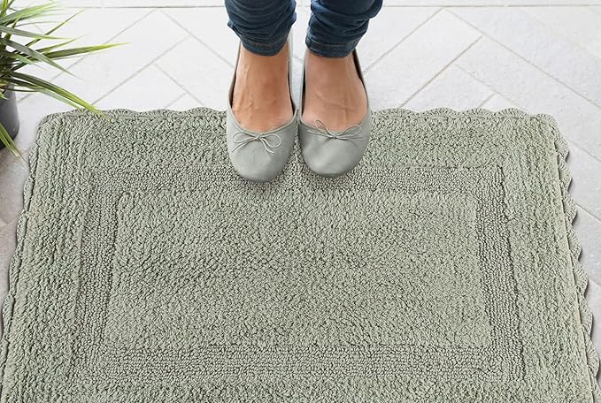 Cotton Crochet Bathmat with Antiskid 17x24 Sage Green, 100% Pure Cotton, Super Soft White, Plush & Absorbent, Hand Tufted Heavy Weight Construction, Full Reversible Step Out Rugs