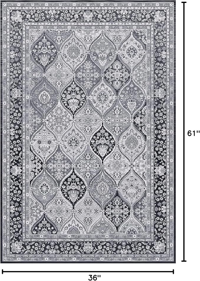 Yancorp 4'x6' Area Rug for Bedroom Washable Rug Vintage Carpet Anti Slip Living Room Big Area Rug for Dinning Room Table Grey