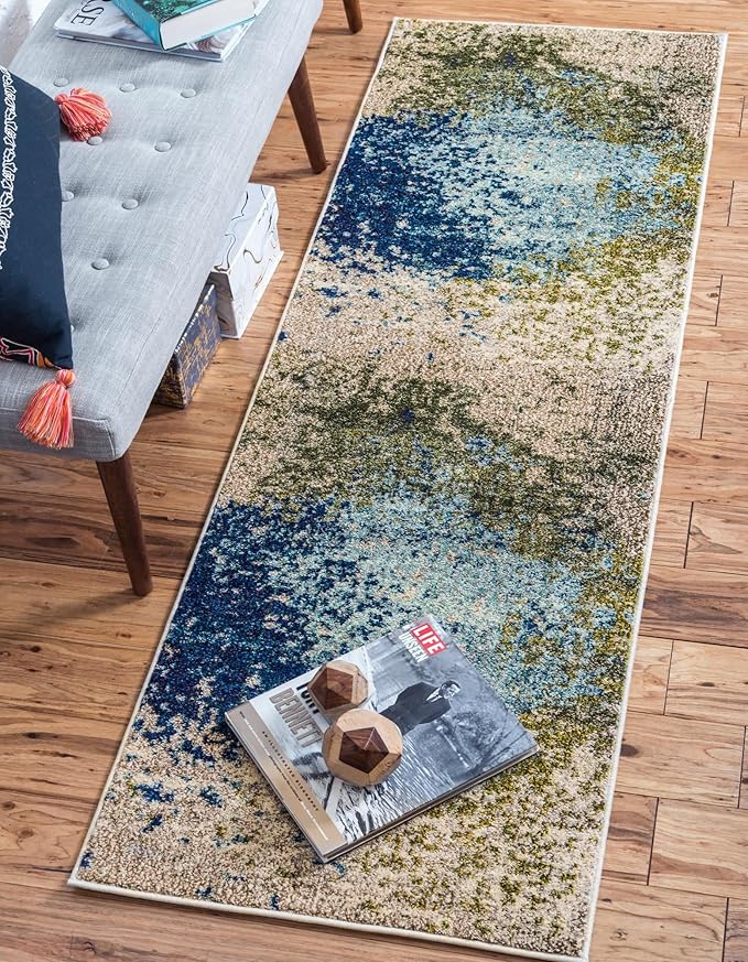 Unique Loom Estrella Collection Abstract, Modern, Light Colors, Distressed Area Rug (2' 7 x 12' 0 Runner, Blue/Beige)