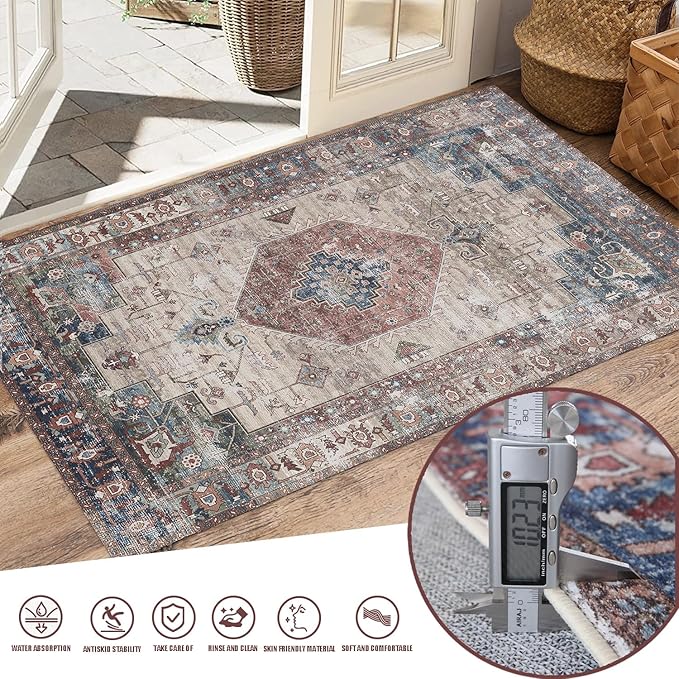 Yancorp 5'x7' Boho Area Rug for Bedroom Non Slip Washable Rug Vintage Carpet Living Room Floor Mats Big Area Rug for Dining Table Retro