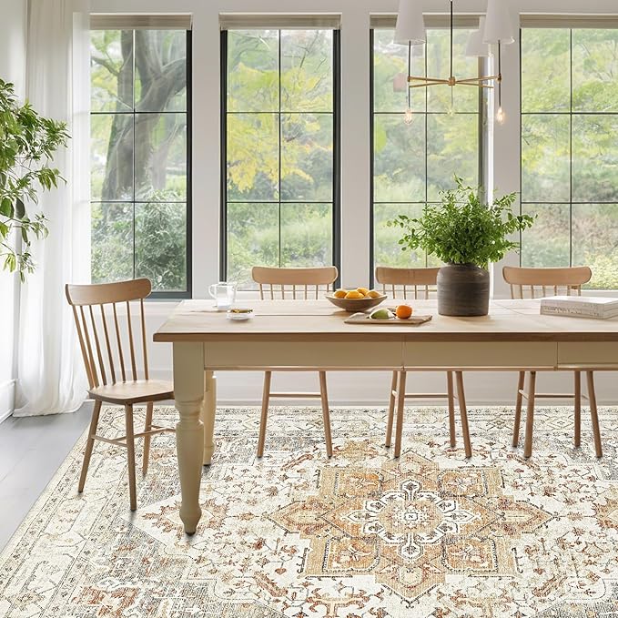 Washable Rugs 8x10 Area Rugs for Living Room,Rugs for Bedroom,Large Carpets,Ultra Soft Faux Wool Retro Dining Room Rug,Non Slip&Non-Shedding Low Pile Vintage Print Rug for Home Office,Turmeric