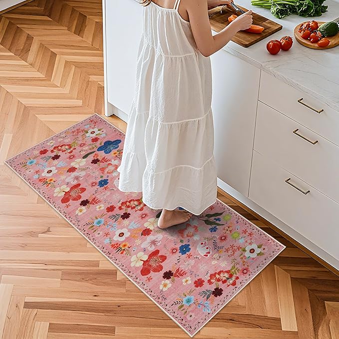 RUUGME Washable 2x5 Runner Rug - Boho Rugs for Living Room Kitchen Stain Resistant Carpet Vintage Rugs for Bedroom Bathroom with Non Slip Backing Home Decor Floor Decoration Mat 2x5 Flower Pink