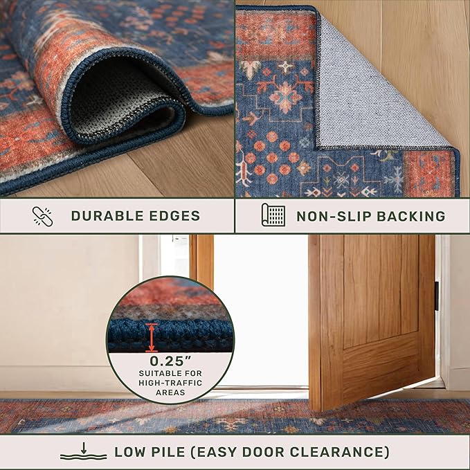 Washable 4x6 Small Rug for Living Room, Area Rug for Kitchen, Bedside, Large Entryway Indoor - Stain Resistant Non Skid Non Slip with Rubber Backing, Boho Aethestic Décor (4x6 Navy Blue)