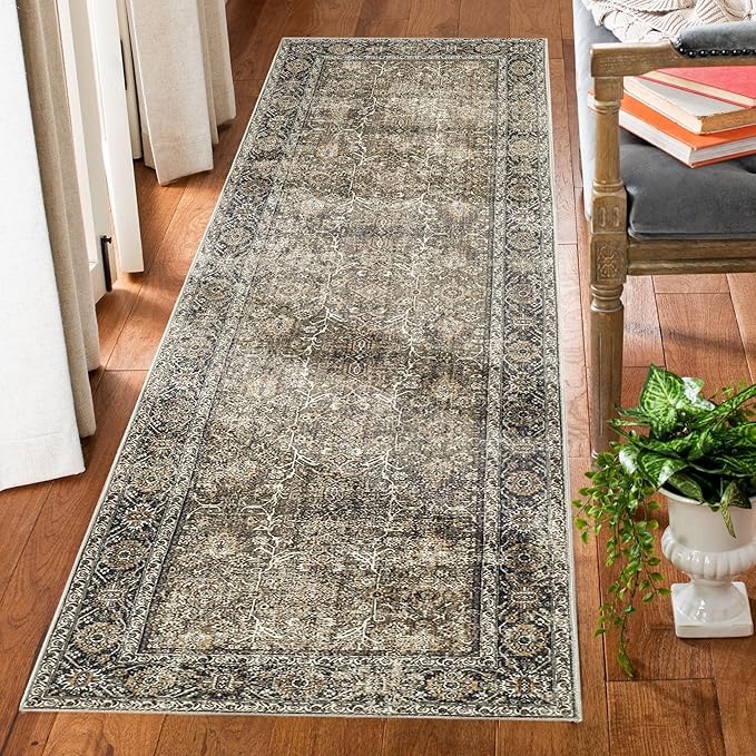 Brown Runner Rug 3x8 Vintage Area Carpet Hallway Long Indoor Kitchen Washable Living Room Low Pile Traditional Distressed Retro Accent Throw Rug Non Slip Laundry Bathroom Office Dining Room