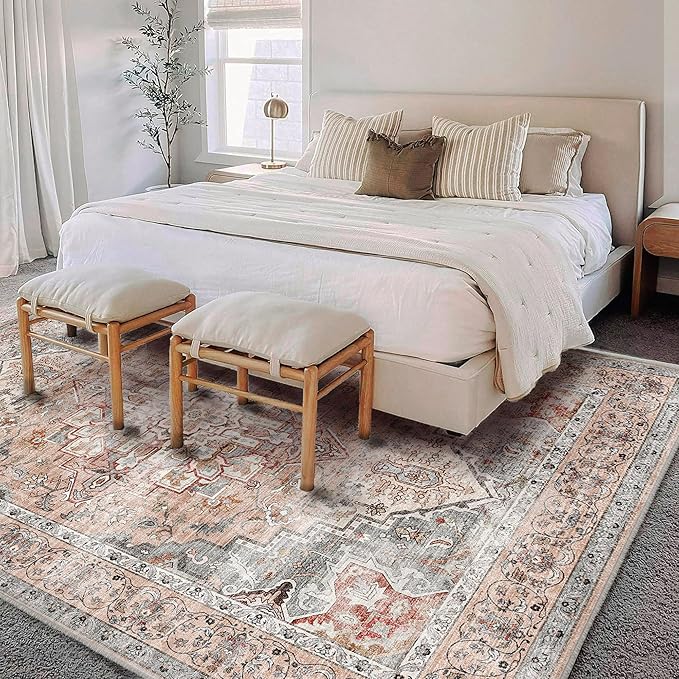 Washable Area Rug 8'x10' Light Cyan and Light red Retro Boho Design Non-Shedding Non-Slip Easy Care Ideal for High Traffic Areas in Living Room Bedroom Office Kitchen Large Carpet