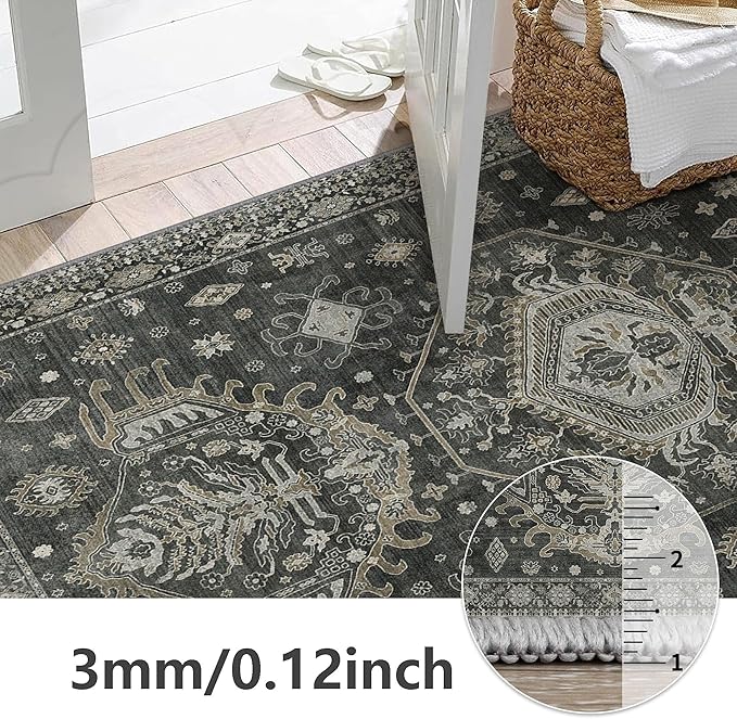 3x5 Area Rugs for Living Room, Machine Washable Rug Non Slip, Vintage Chenille Distressed Print Carpet, Large Low Pile Ultra-Thin Lightweight Rugs for Bedroom, Dining Room, Office Green Black