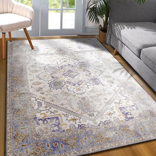 YJ.GWL Area Rug for Living Room, 4x6 Machine Washable Boho Rug for Bedroom, Low Pile Lightweight Thin Rugs Floral Vintage Distress Print Pattern Carpet for Dining Room, Cream/Blue