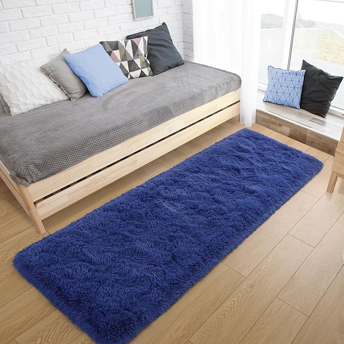 Tepook Soft Runner Rugs for Bedroom 2x6 ft with Rubber Backing, Navy Fluffy Rugs for Living Room, Shag Bedside Rug Fuzzy Plush Carpet for Room, Area Rug for Dorm Nursery Hallway Indoor Home Decor