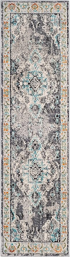 SAFAVIEH Monaco Collection 2'2" x 10' GreyLight Blue MNC243G Boho Chic Medallion Distressed Non-Shedding Living Room Entryway Foyer Hallway Bedroom Runner Rug